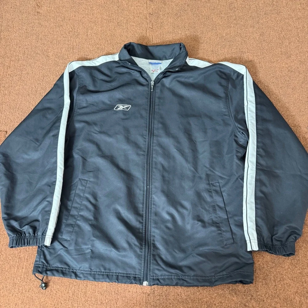 Vintage Reebok Mens Black White Full‎ Zip Track Jacket Windbreaker Size L 585 A+